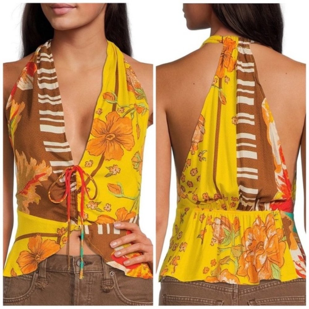 NWT Free People Hot Tropics Tank Mango Yellow Orange Halter Top Size XS & S